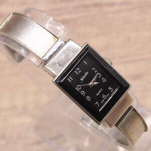 Novelle Cuff Watch Womens Silver Tone Stainless Steel Rectangle Black Dial